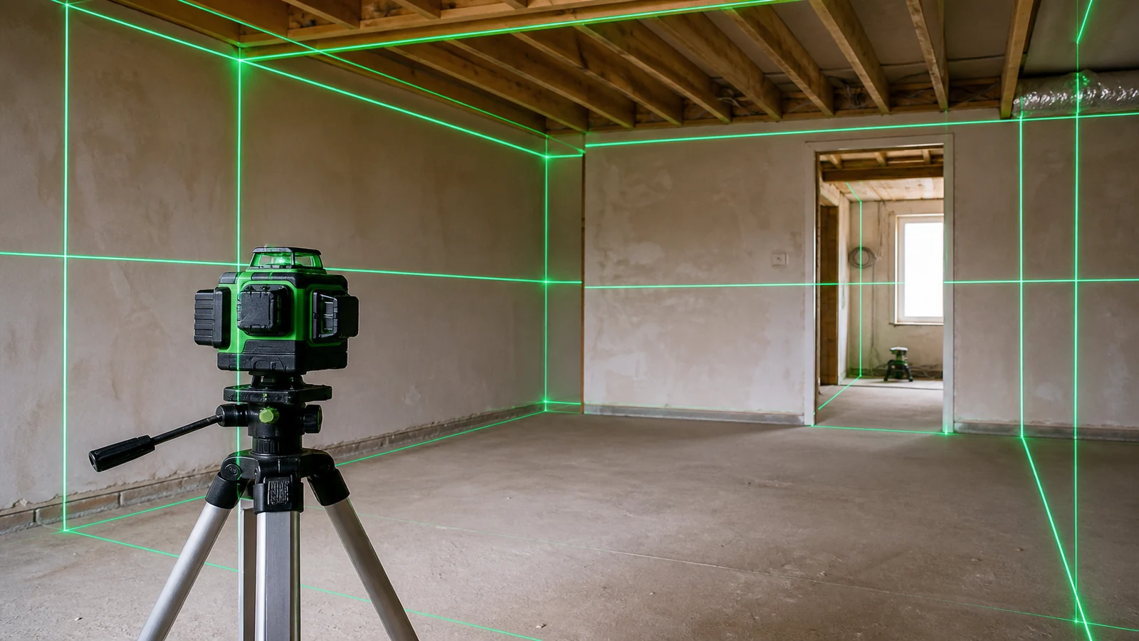 Four-plane laser lines across floor walls and ceiling in a renovation room