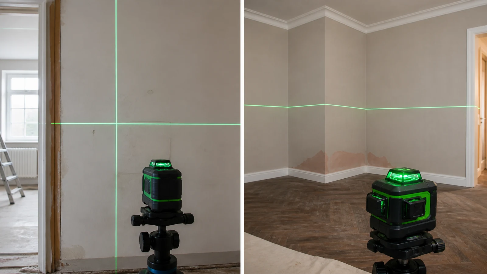 Comparison of cross-line laser on one wall versus 360-degree room coverage