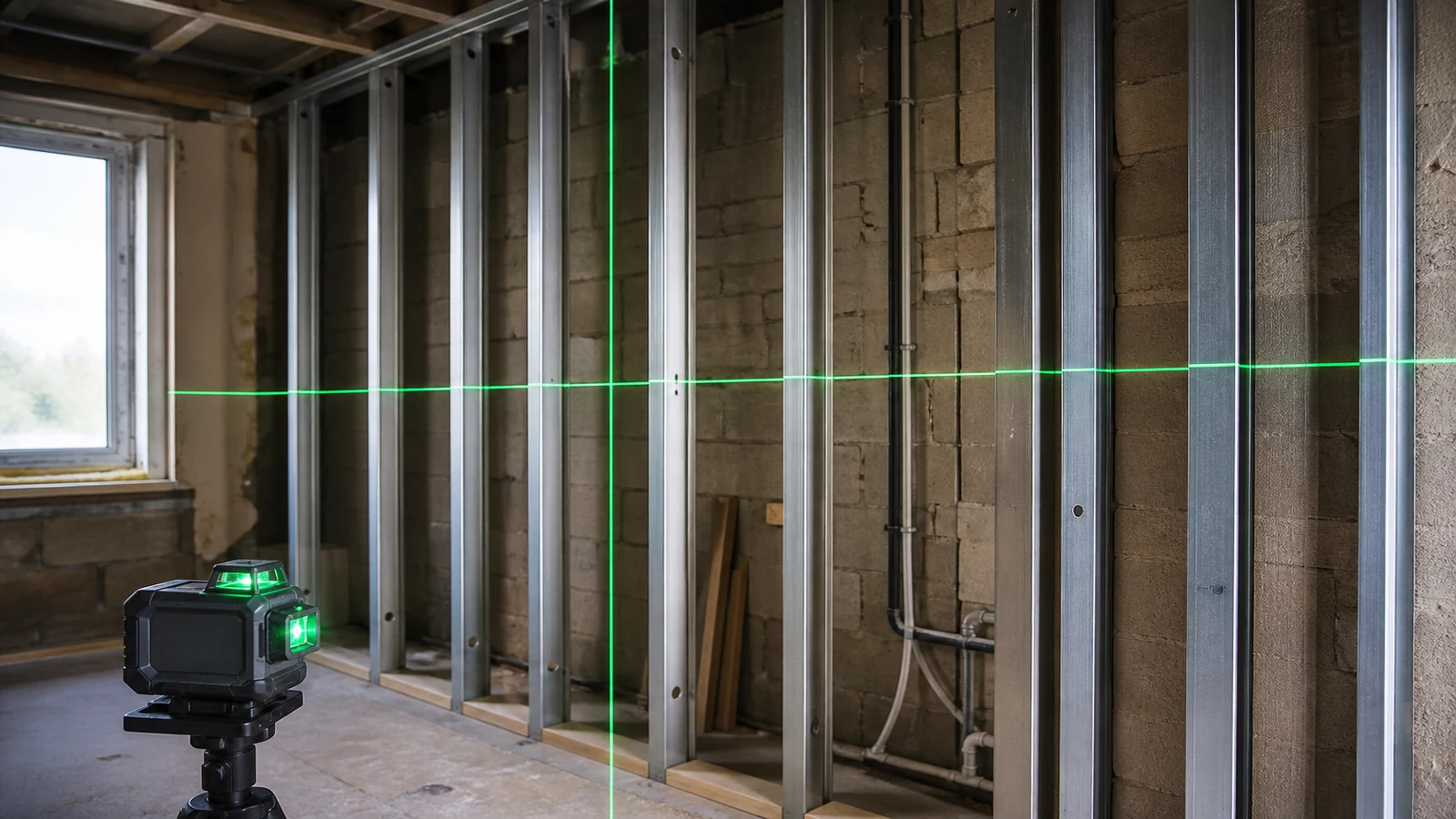 Multi-plane laser guiding dry lining tracks on a UK interior site