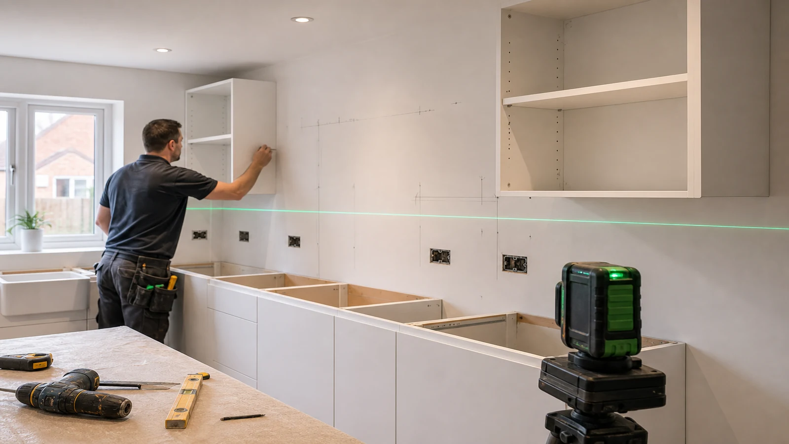 Horizontal laser line aligning kitchen wall cabinets in a UK kitchen