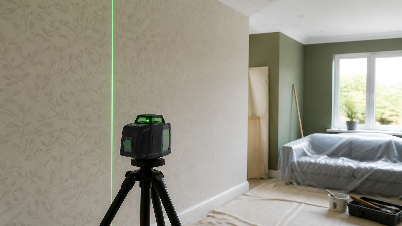 Vertical laser line guiding a wallpaper drop on a UK interior wall