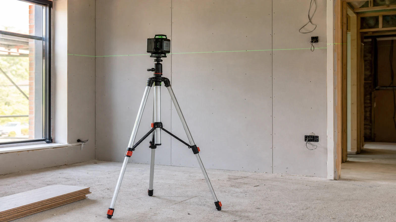 Laser level kit contents with tripod batteries and carry case on a workbench